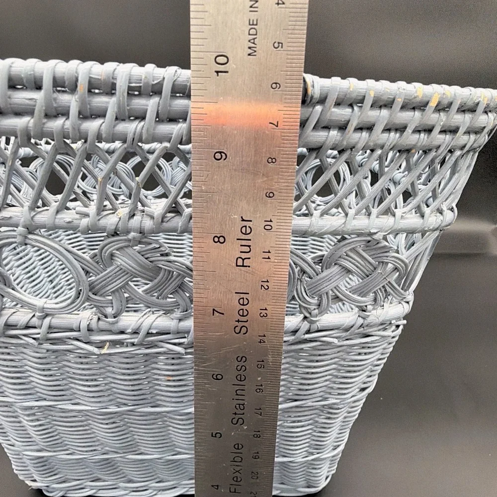 VTG Wicker Basket Light Blue Painted Braided Knot Openwork Lattice Decor